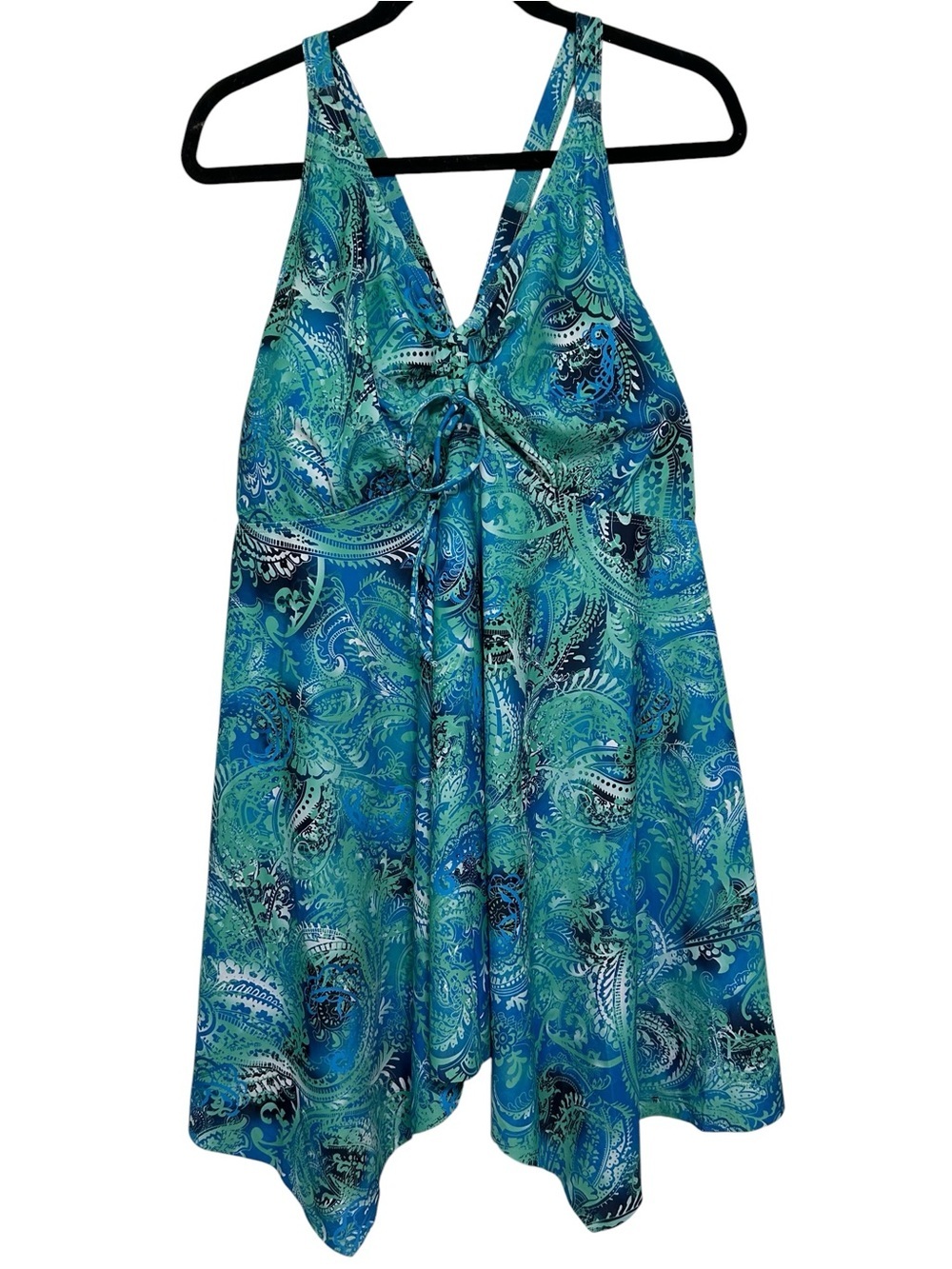 Leyook Plus Sz 26 Handkerchief Hem Tankini Top Blue Green Paisley Boho Swimwear